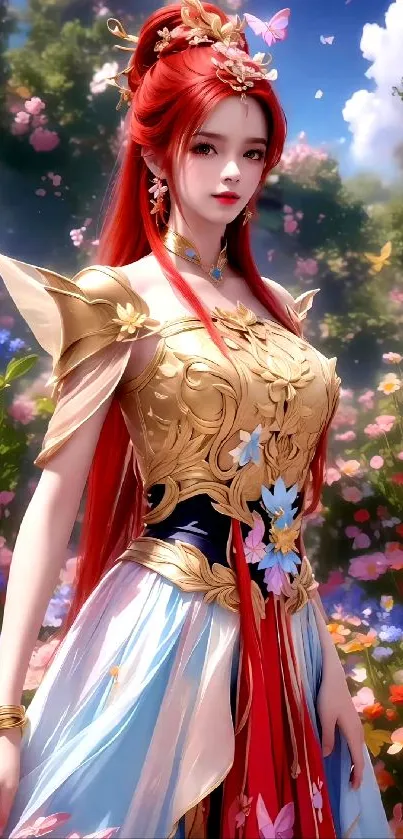 Elegant fantasy warrior in colorful garden.