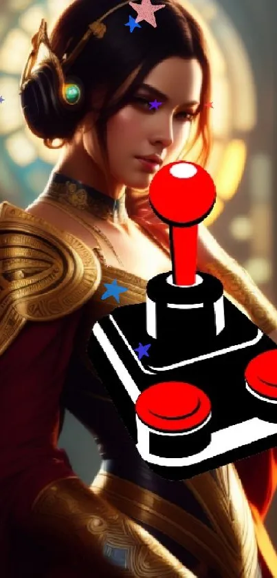 Fantasy warrior with red joystick on colorful wallpaper.