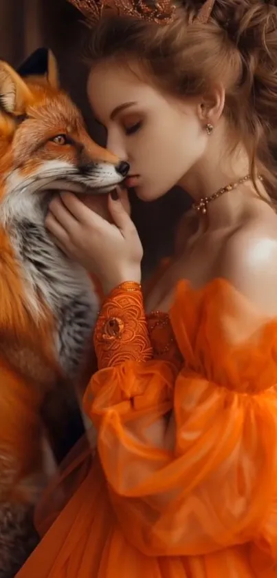 Fantasy woman in orange gown with fox mobile wallpaper.