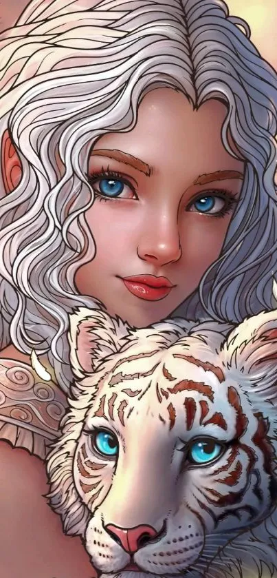 Fantasy woman with white hair and a majestic white tiger in an artistic design.