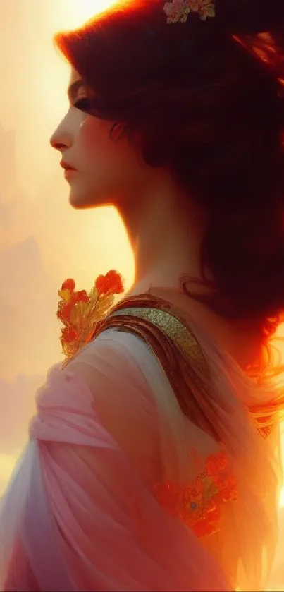 Elegant fantasy art of a woman in glowing orange hues.
