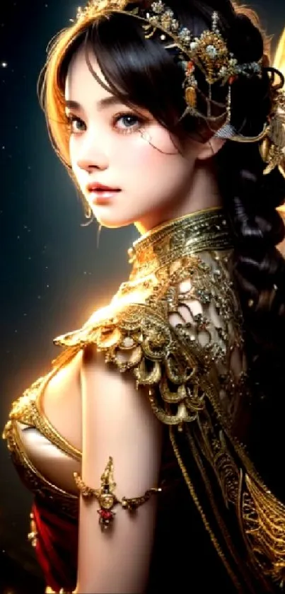 Elegant fantasy woman in golden attire, digital art wallpaper.