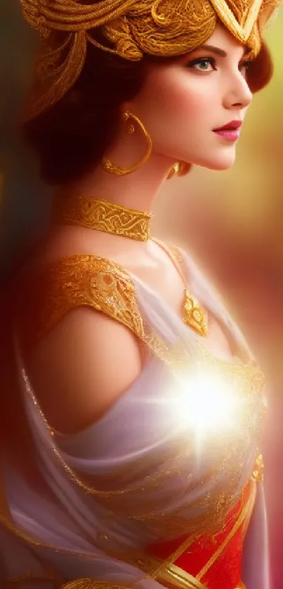 Elegant fantasy woman artwork with golden and vibrant colors.