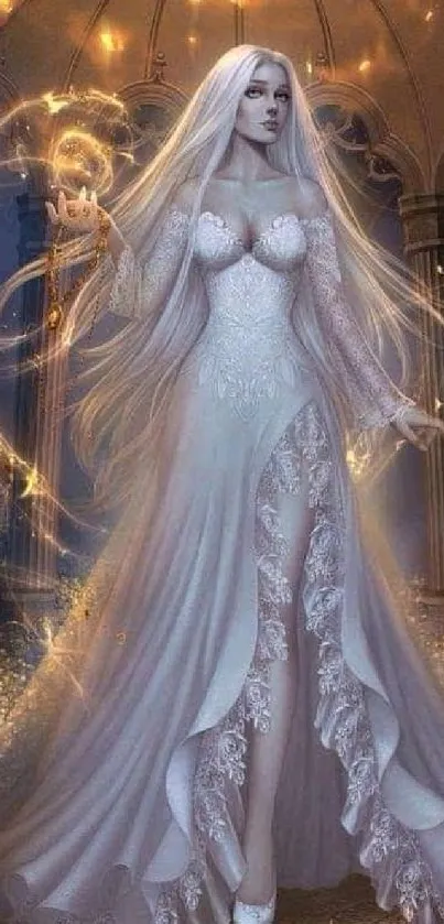 Fantasy art of an elegant woman in a magical setting with glowing lights.