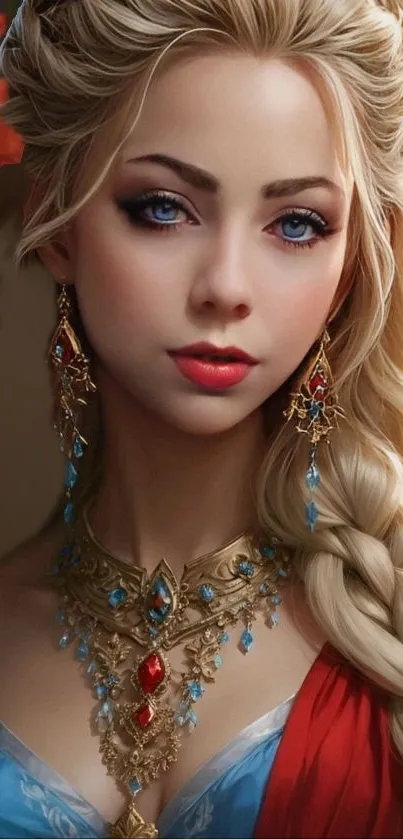 Elegant fantasy woman with intricate jewelry in vibrant colors.