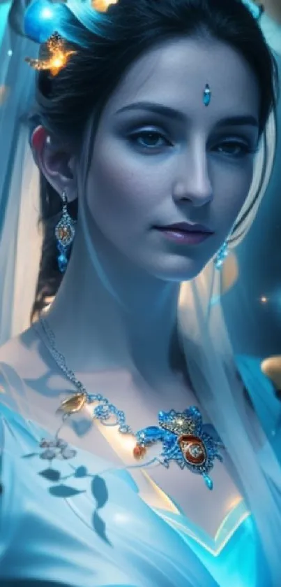 Elegant woman in fantasy attire with glowing cyan background.