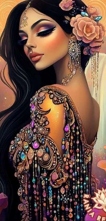 Elegant fantasy woman portrait with vibrant colors and detailed design.