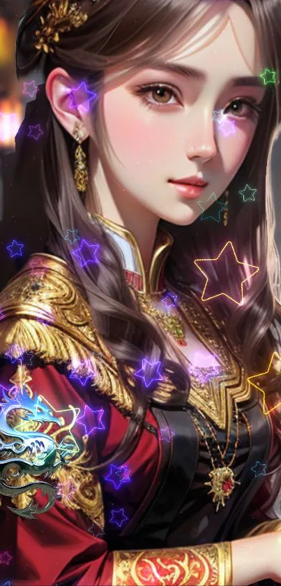 Elegant fantasy woman with colorful stars in a regal setting.