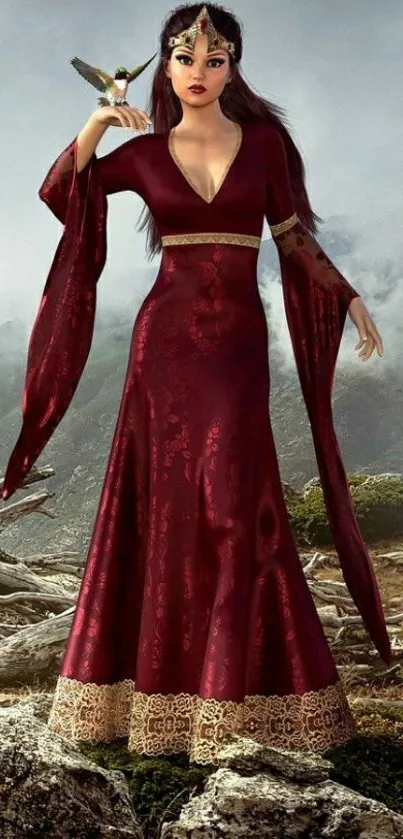 Fantasy woman in burgundy dress with bird in a mystical setting.