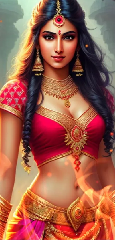 Fantasy woman in ornate red attire with mystical background.