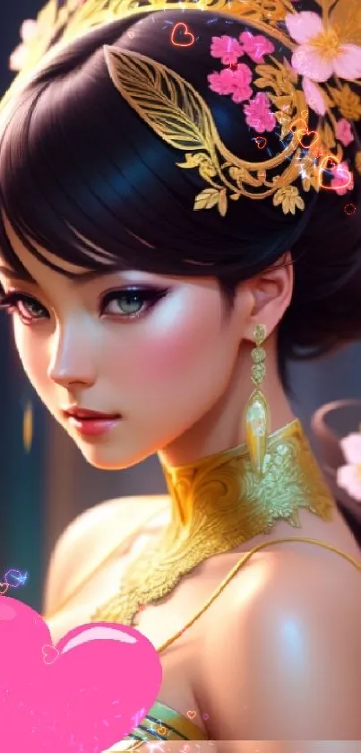 Elegant fantasy woman with gold accents and floral motifs on a mobile wallpaper.