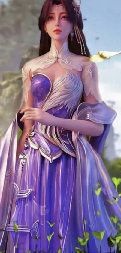 Fantasy woman in purple gown amidst nature.