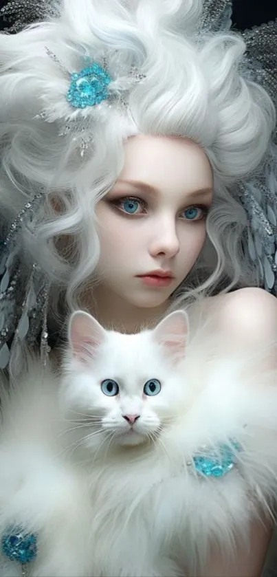 Fantasy woman with white hair and a fluffy cat in a dreamlike setting.