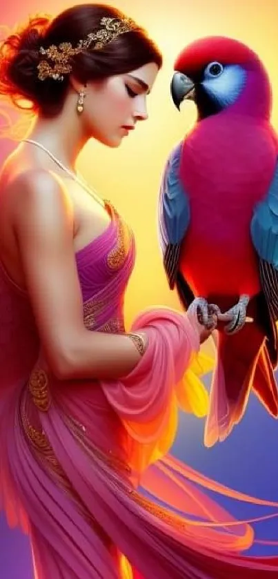 Fantasy woman with a vibrant parrot, colorful and elegant design.