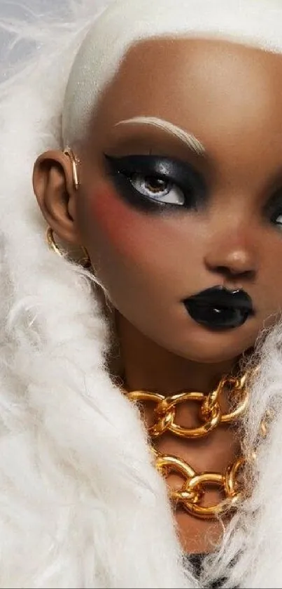 Fashionable doll with gold chains and artistic makeup.