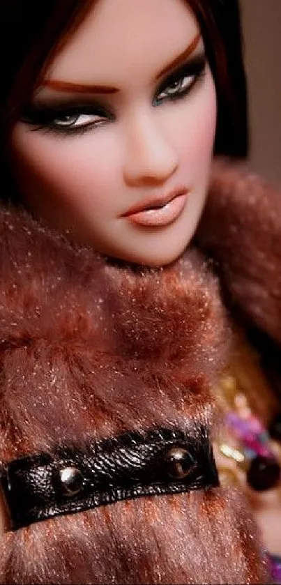 Elegant portrait of a fashion doll with brown tones and captivating makeup.