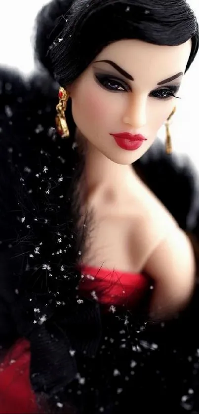 Elegant fashion doll in red dress and black fur wrap.