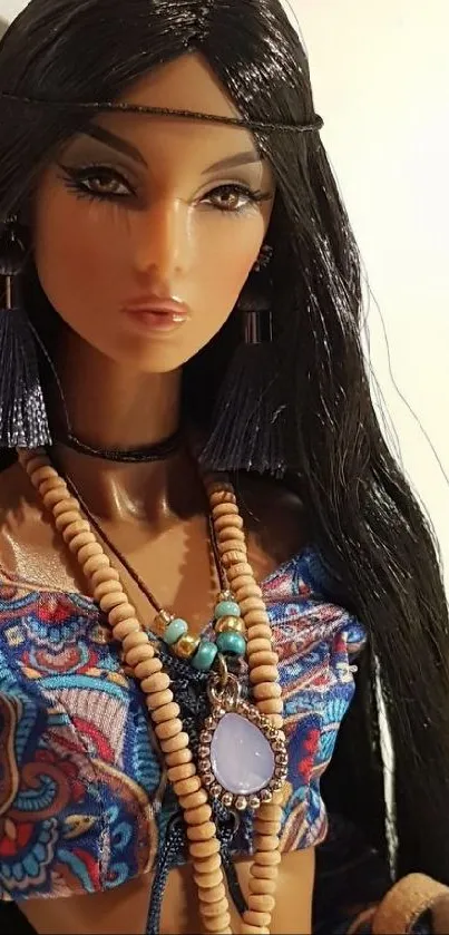 Elegant fashion doll with vibrant attire and accessories.