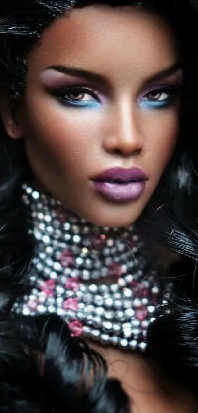 Stunning fashion doll with black hair and shimmering necklace.