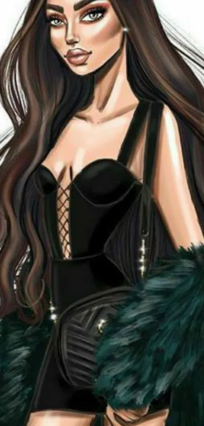 Chic fashion illustration of a model in black outfit.