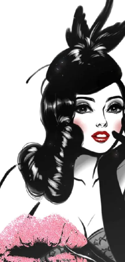 Artistic fashion illustration of a glamorous woman with bold makeup and stylish design.