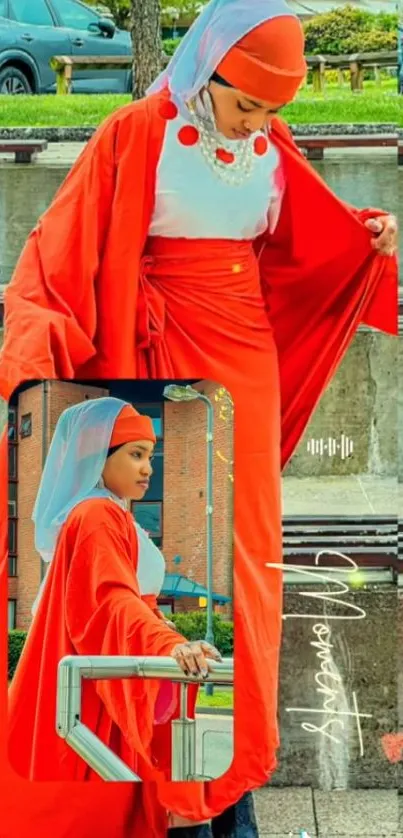 Elegant fashion in orange robe with urban background.