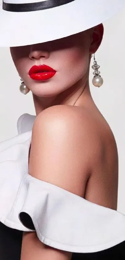 Elegant woman with red lips wearing a white hat and black dress for a chic mobile wallpaper.