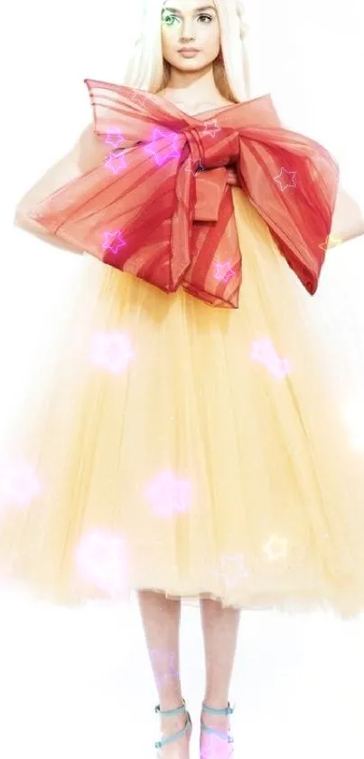 Elegantly styled person in yellow dress with red bow in white background.