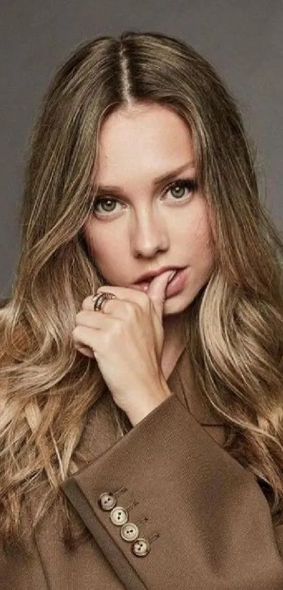 Woman in brown coat with wavy hair, elegant portrait.