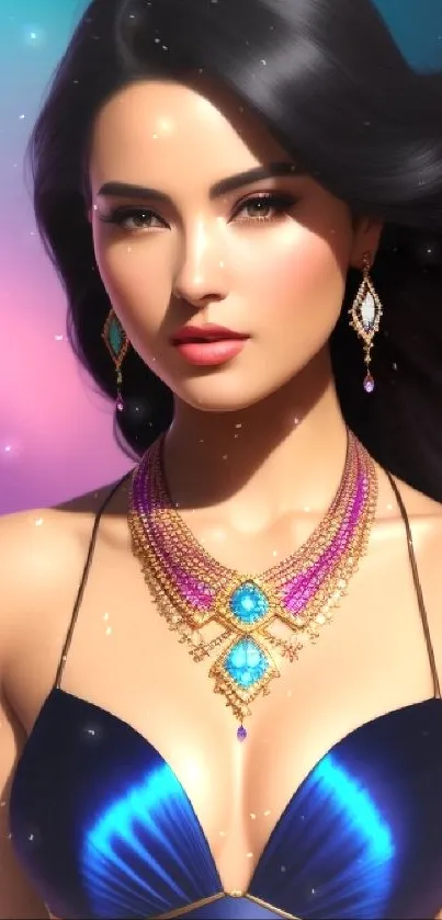 Elegant woman portrait with vibrant colors and luxurious jewelry on mobile wallpaper.