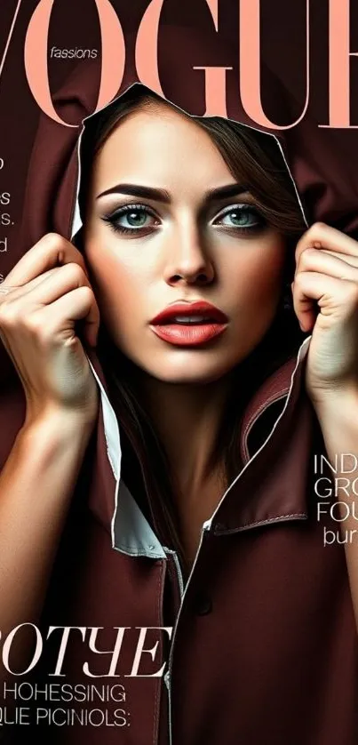 Fashion portrait of a woman in a hooded cloak on a magazine cover.