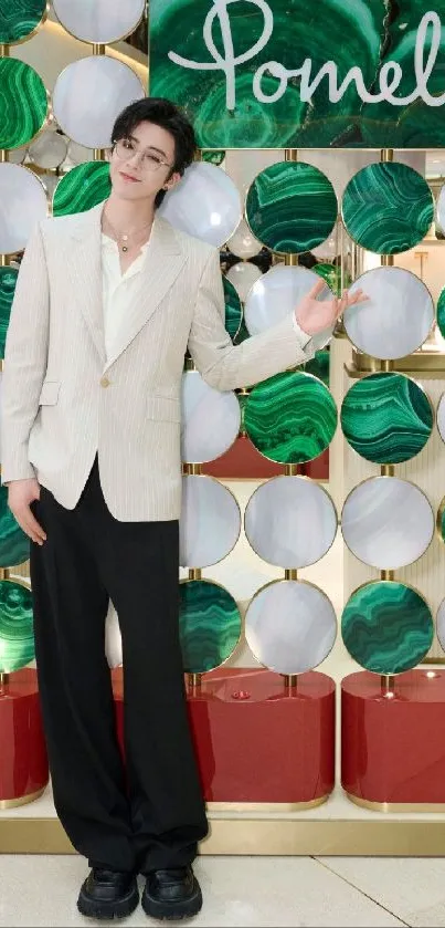 Fashionable person in white blazer with green circular backdrop.