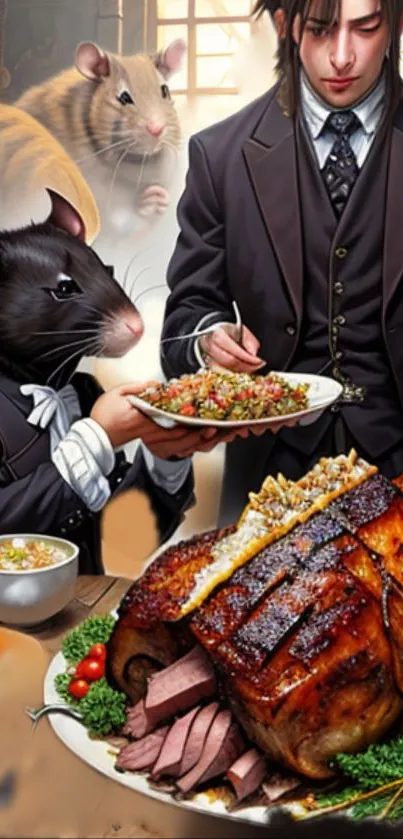 Wallpaper featuring elegantly dressed animals enjoying a lavish dinner feast.