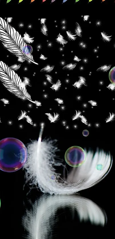 Elegant mobile wallpaper with white feathers and bubbles on black background.