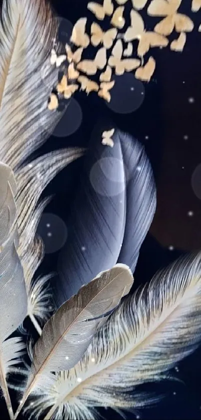 Elegant feathers with butterflies on dark background mobile wallpaper.