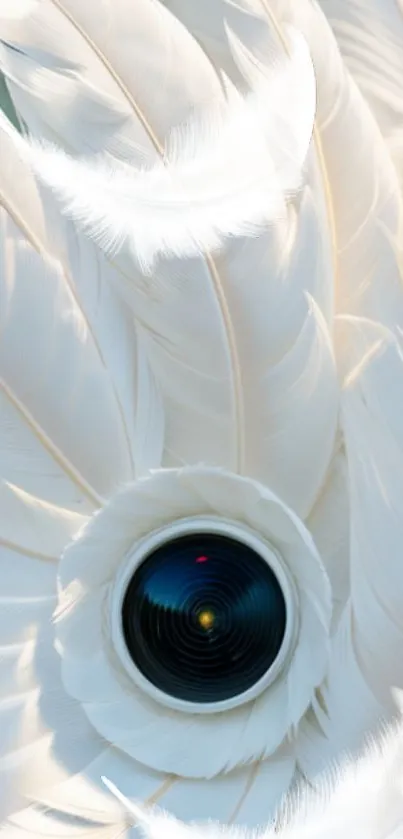 Mobile wallpaper with white feathers surrounding a camera lens.