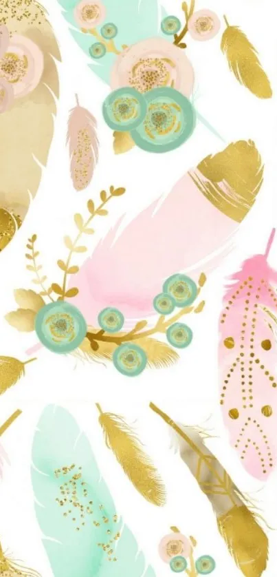 Elegant mobile wallpaper with pastels, feathers, and floral design.