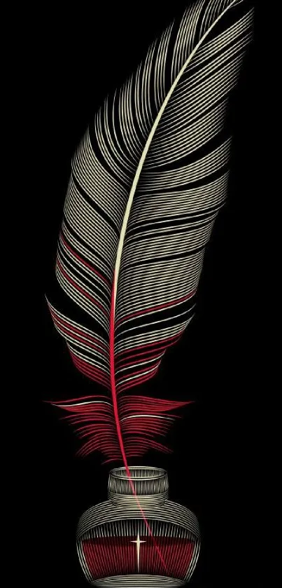 Detailed feather quill and ink design on black background.