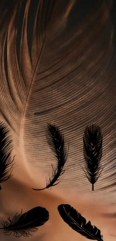 Elegant wallpaper with dark and light feathers on a mobile screen.