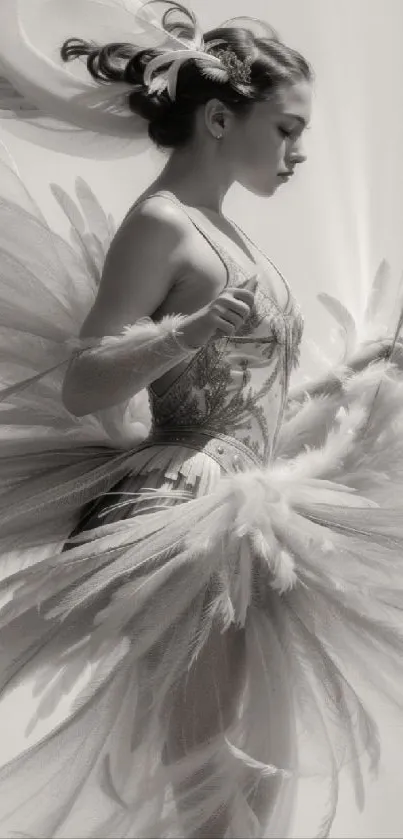 Elegant ballerina in feathered attire, monochrome style.