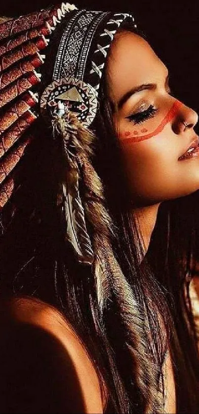 Woman with feathered headdress in dark lighting.