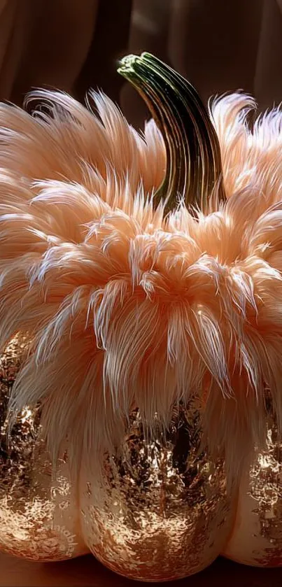 Elegant feathered pumpkin with metallic accents on display.