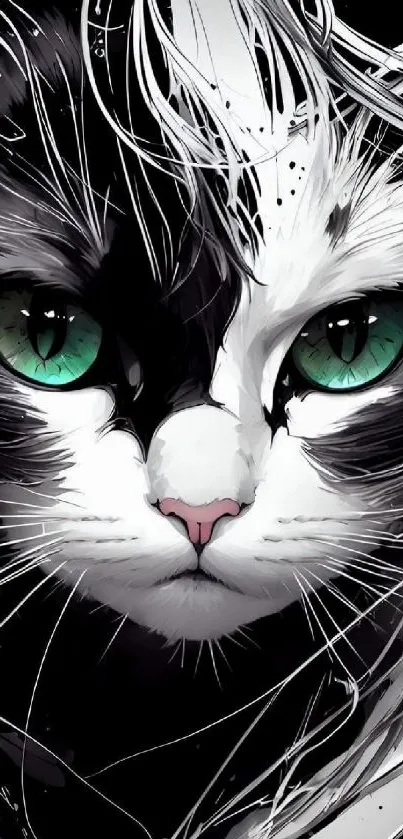 Intricate art of a black and white cat with green eyes on a mobile wallpaper.