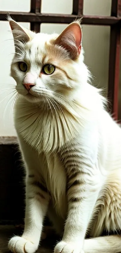 Elegant white cat sitting by window in soft light.