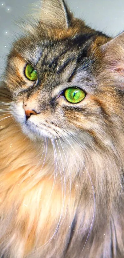 Elegant long-haired cat with green eyes in a mobile wallpaper.