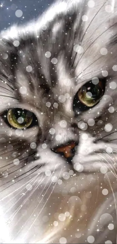 Close-up of a cat's face with glitter effect, showcasing vibrant eyes.