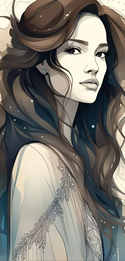 Artistic illustration of an elegant woman with flowing hair.