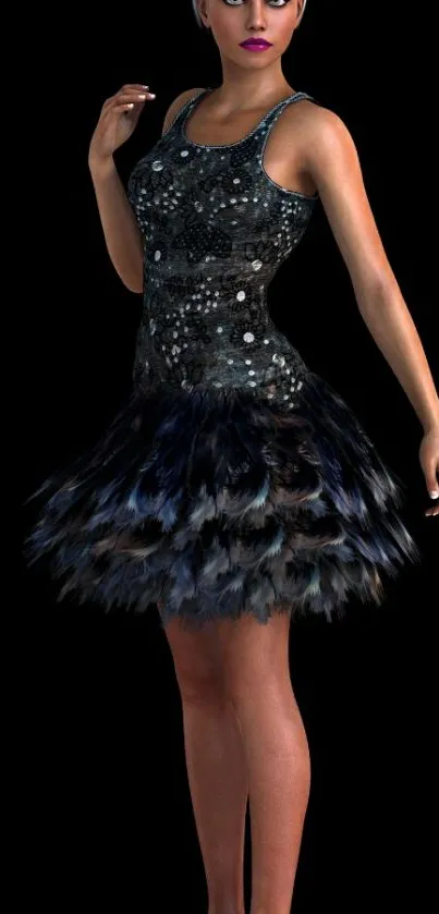 3D-rendered woman in black feathered dress on black background.