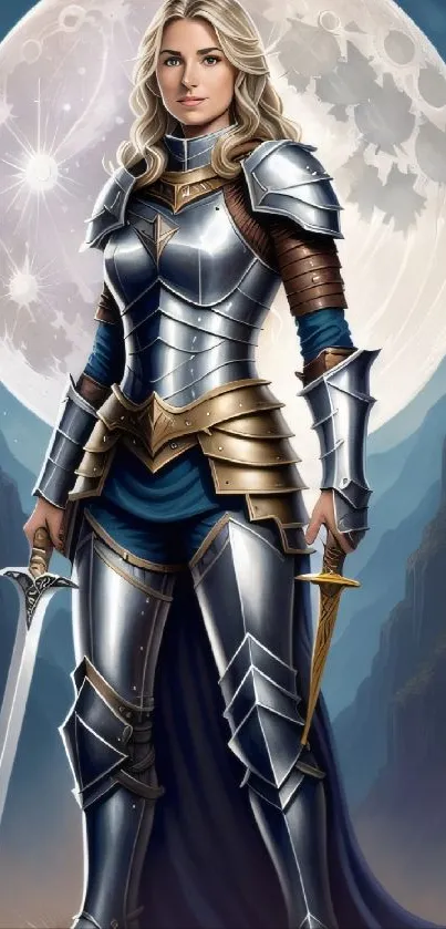 Elegant female knight in armor with a sword under a mystical moonlit sky.