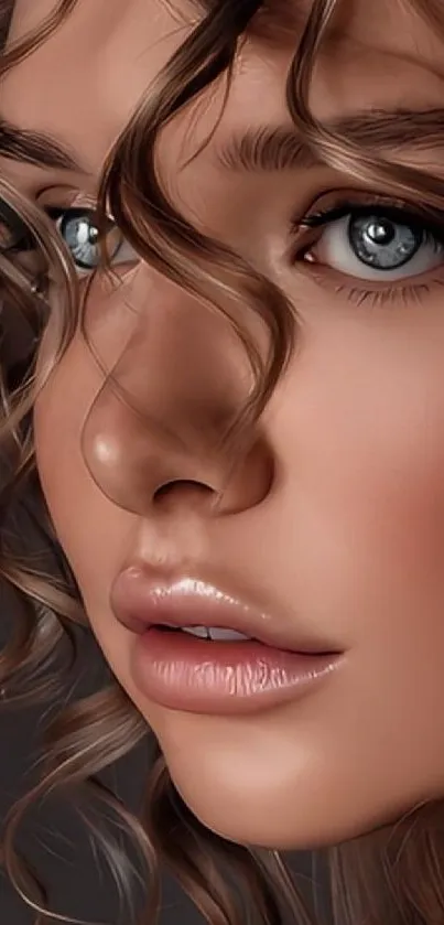 Close-up of a woman's face with brown curls and captivating blue eyes.